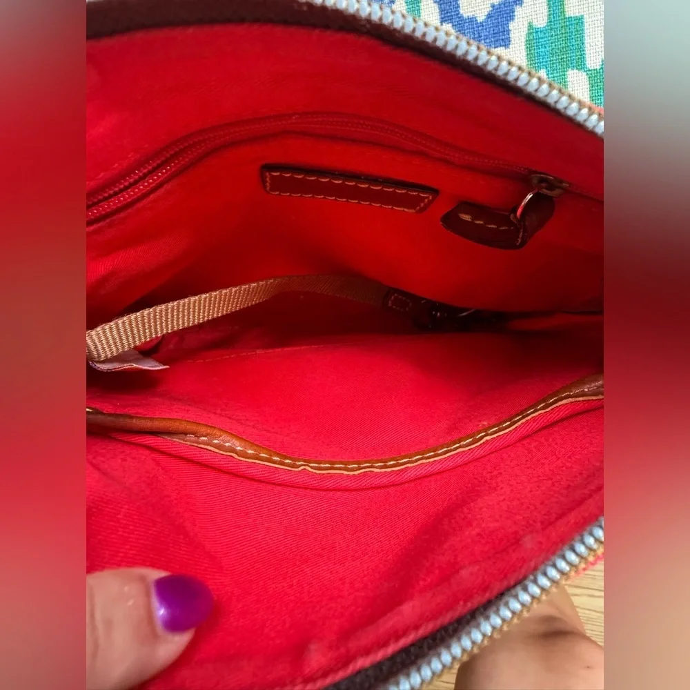 Dooney & Bourke Red Nylon Crossbody Pouchette Shoulder Bag Brown Leather Strap